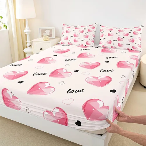 Miniatura 4 de Juego de sábanas ajustables de corazón rosa tamaño individual para niños y adolescentes, juego de sábanas románticas transpirables para el día