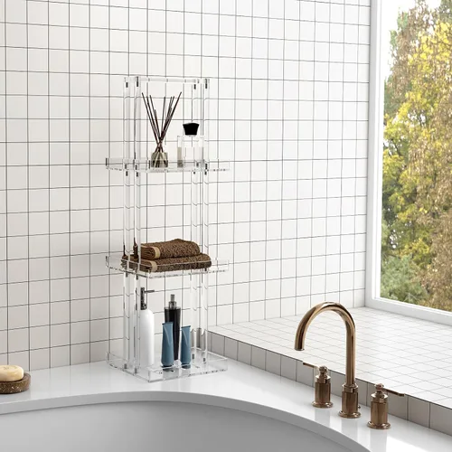 Miniatura 2 de Aquiver Organizador de ducha de acrílico de pie, soporte organizador de ducha de 3 niveles con asa, organizador de ducha esquinero para baño