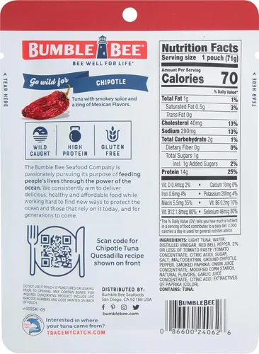 Miniatura 2 de Bumble Bee - Atún sazonado con Chipotle, bolsa de 2.5 onzas, listo para comer, paquete de atún capturado en la naturaleza, 0.49 oz de proteína por