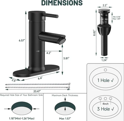 Miniatura 2 de Grifo mando de una sola pieza para fregadero de baño con desagüe desplegable sin desbordamiento Negro