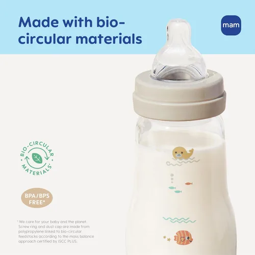 Miniatura 8 de MAM Biberón de cuello ancho anticólicos de vidrio puro Feel Good de 9 onzas, pezón de silicona suave de flujo medio, fácil de limpiar, sin BPA, más