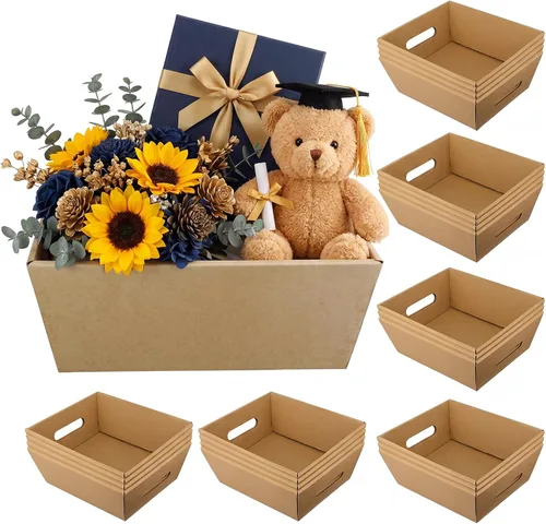 Miniatura 9 de Fainne - 20 cestas de regalo vacías con asas de 10 x 8 pulgadas, cestas de cartón kraft vacías a granel para recuerdos de fiesta, cumpleaños, boda