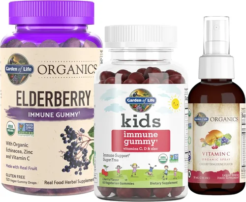 Garden of Life Paquete de apoyo inmunológico: Gomitas de saúco orgánicas con equinácea, zinc 120 unidades + Gomita inmunológica para niños 60