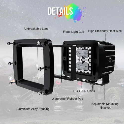 Miniatura 3 de ASLONG 4 Piezas Cubos LED 3X3 Blanco/Ámbar Pods Estroboscópicos de Inundación Trabajo con Halo RGB Chaser 16 Colores Sólidos Más de 92 Modos