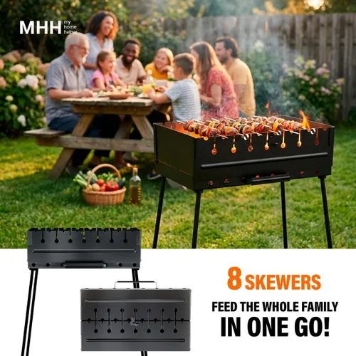 Miniatura 5 de MHH Parrilla de carbón para 8 pinchos - Barbacoa portátil de 43 cm × 30 cm × 43 cm Parrilla de camping para pinchos - Mangal de metal plegable