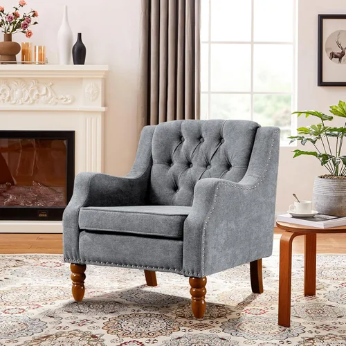 Miniatura 9 de TTK Sillas decorativas de tela de lino, moderna de mediados de siglo, silla decorativa tapizada individual con respaldo, cómoda silla de lectura