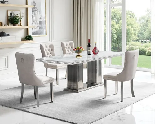 Miniatura 19 de Juego de mesa de comedor de mármol para 4, mesa de cocina rectangular de mármol negro de 68 pulgadas con base en H de acero inoxidable dorado, juego
