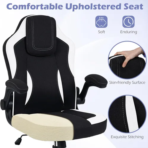 Miniatura 7 de Giantex Silla de oficina ergonómica, silla de escritorio de tela de lino con reposabrazos abatibles de 90°, altura ajustable, función mecedora