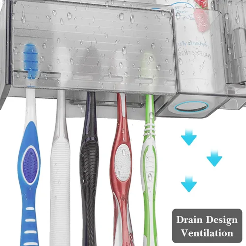 Miniatura 2 de Linkidea - Soporte de pared para cepillos de dientes con 5 ranuras con cubierta para baño, organizador de almacenamiento de plástico para pasta