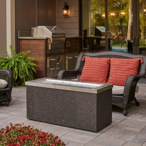 Miniatura 3 de Outdoor GreatRoom Co - Mesa para fogata de gas Key Largo para patio exterior, mesa rectangular de acero inoxidable de 48 pulgadas, base de estuco