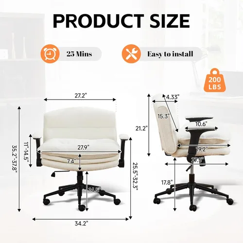 Miniatura 2 de Silla cruzada con brazos abatibles, silla ancha con patas cruzadas con cojín de 3 capas, silla ergonómica de escritorio de oficina con ruedas, silla