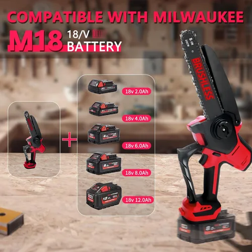 Miniatura 5 de Mini motosierra compatible con la batería Milwaukee Chainsaw M18, motosierras de poda inalámbricas de 8 y 6 pulgadas, mini motosierra sin escobillas