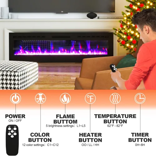 Miniatura 3 de Chimenea eléctrica de 60 pulgadas montada en la pared y empotrada con control remoto, inserciones de chimenea de pared ultrafinas de 750 W/1500 W