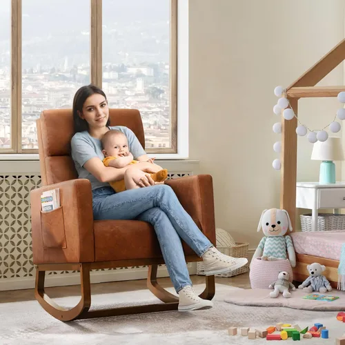Miniatura 3 de Yaheetech - Silla deslizante de cuero, silla mecedora moderna, silla mecedora de cuero sintético para cuarto de bebé con patas de madera de goma