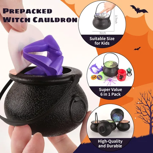 Miniatura 3 de Recuerdos de fiesta de Halloween para niños, paquete de 24 caldero de bruja de plástico prellenado, juguete novedoso a granel, juguetes de Halloween