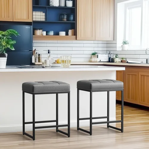Miniatura 12 de Yaheetech Juego de 2 taburetes de bar de 24 pulgadas de altura de mostrador, taburetes de isla de cocina sin espalda, taburetes de piel sintética
