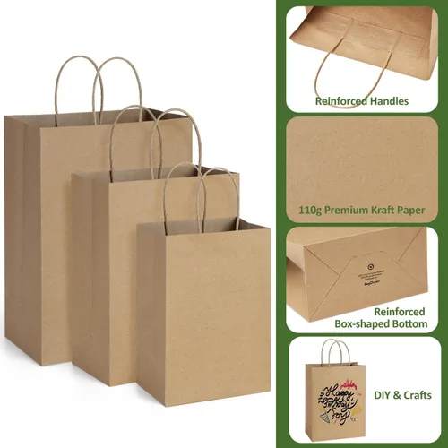 Miniatura 3 de BagDream 75 bolsas de papel kraft de 5 x 3 x 8, 8 x 4.25 x 10, bolsas de regalo de 10 x 5 x 13 pulgadas con asas a granel para compras, venta al por
