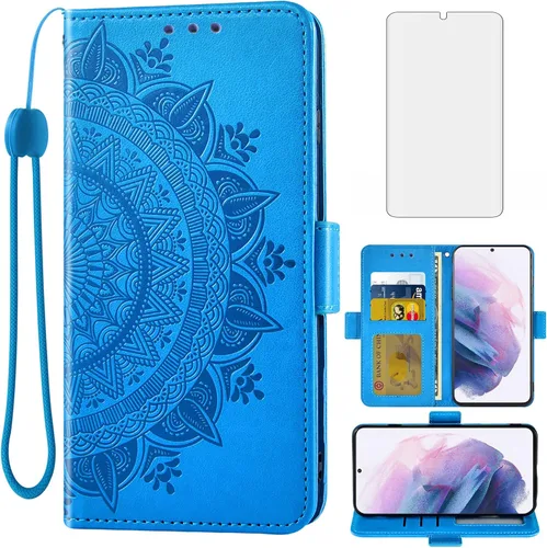 Asuwish Compatible con Samsung Galaxy S21 Glaxay S 21 5G 6.2 pulgadas Funda tipo cartera de vidrio templado, protector de pantalla con tarjetero y