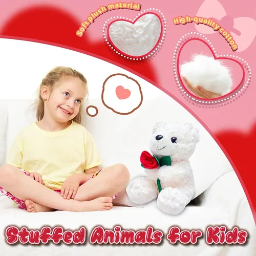 Miniatura 3 de Oso de peluche blanco de 9.84 pulgadas con flor para niñas y niños, bonito oso de peluche, regalos del día de San Valentín para novia, recuerdos