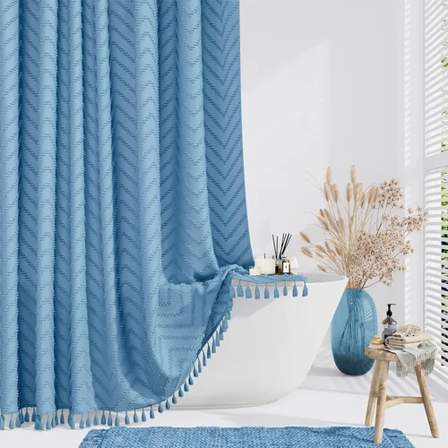 Miniatura 20 de Dynamene - Cortina de ducha de tela bohemia con rayas con chebrón en relieve, juego de cortina angosta para baño, media cortina impermeable
