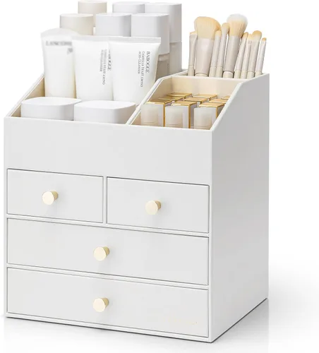 Miniatura 10 de Vlando Organizador de Maquillaje para Encimera, Organizador Grande de Tocador de Cuero PU, Almacenamiento de Maquillaje con 4 Cajones, Organizadores