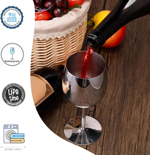 Miniatura 5 de Irenare Juego de 4 copas de vino de acero inoxidable doradas de 12 onzas, copas de vino de metal irrompibles y portátiles para boda, aniversario