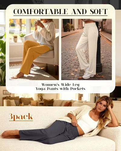 Miniatura 191 de Neer - Conjunto de 3 pantalones de yoga de pierna ancha para mujer - Pantalones deportivos cómodos, holgados, de cintura alta y casuales