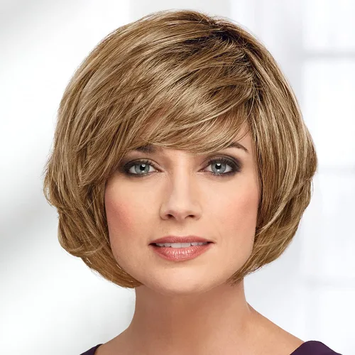 Paula Young Laurel - Peluca WhisperLite Haute Bob con flequillo recortado en las cejas y capas en ángulo/tonos multitonales de rubio, plateado,