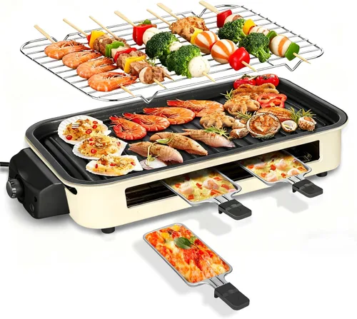 YOHAWJAN - Parrilla eléctrica para interiores de 1500 W, 2 en 1, sin humo, con parrilla extraíble antiadherente y placa de plancha, control de