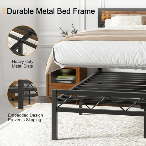 Miniatura 6 de VECELO Base de cama tamaño individual con cabecero, plataforma resistente con soporte de listones de metal, no necesita somier, fácil montaje, negro