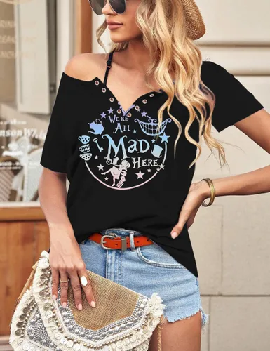 Miniatura 3 de ASTANFY - Camiseta para mujer "We're All Mad Here", con estampado mágico, lindas camisetas gráficas, tops casuales de manga corta para vacaciones