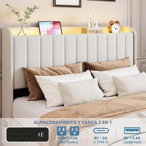 Miniatura 3 de Marco de cama completa con 4 cajones y cabecera de almacenamiento, marco de cama de plataforma tapizada tamaño completo con luces LED y práctica