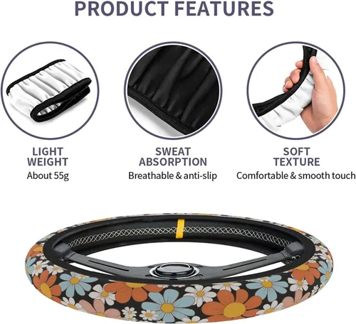 Miniatura 5 de Funda para volante, funda para volante de margaritas retro para mujeres y hombres, antideslizante, transpirable y absorbente de sudor, universal