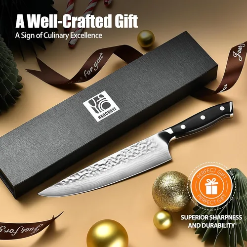 Miniatura 9 de Cuchillo de chef japonés de acero 7CR13 de 8 pulgadas, mango de madera de Pakka negra con triple remache con proceso de forja extra, regalos