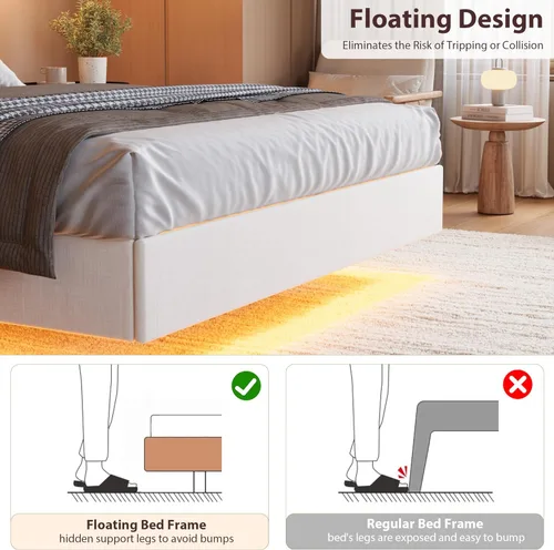 Miniatura 7 de GarveeHome Marco de Cama Flotante Full con Luces LED y Estación de Carga USB – Cama Plataforma Moderna Tapizada con Cabecero, Soporte de Listones