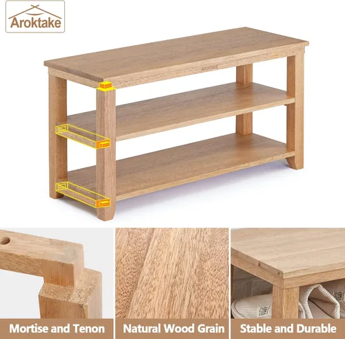 Miniatura 6 de Zapatero de madera maciza, 2 niveles, de madera real, resistente, organizador de zapatos, para entrada, pasillo, vestíbulo, sala de estar, Natural