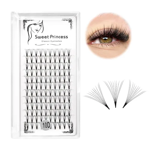 12 filas, 120 extensiones de pestañas postizas de volumen prefabricadas 10D, grosor de 0.003 in, rizo D, color negro, suaves, individuales, pestañas