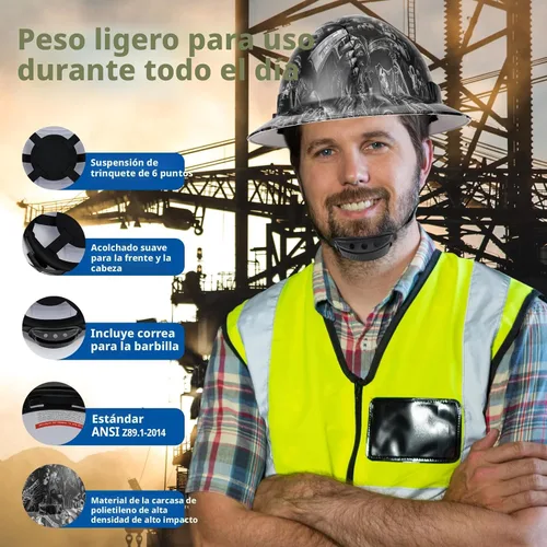Miniatura 4 de Casco de seguridad OSHA de ala completa, casco de seguridad duradero y ligero de fibra de carbono, equipo de protección de suspensión de trinquete