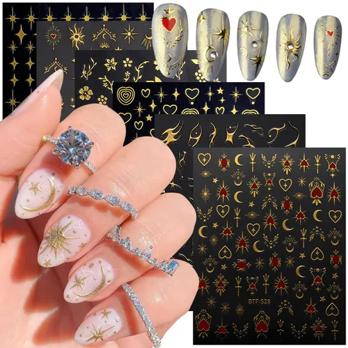 Calcomanías de arte de uñas doradas, diseño de sol, luna, estrellas, línea de corazón, flores, calcomanías autoadhesivas para uñas, calcomanías de