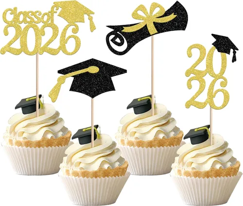 Miniatura 45 de Rsstarxi Paquete de 24 adornos para cupcakes de graduación 2026, con purpurina azul, para la clase de 2026, para diplomas, 24 piezas (6 diseños)