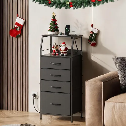Miniatura 7 de WLIVE Mesita de noche con estación de carga, mesita de noche LED con 4 cajones de tela y estante de almacenamiento, cómoda alta para dormitorio