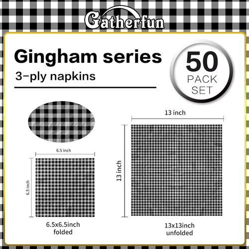Miniatura 2 de Gatherfun Servilletas de papel desechables a cuadros blancos y negros para cenas, picnic y fiestas (paquete de 50)