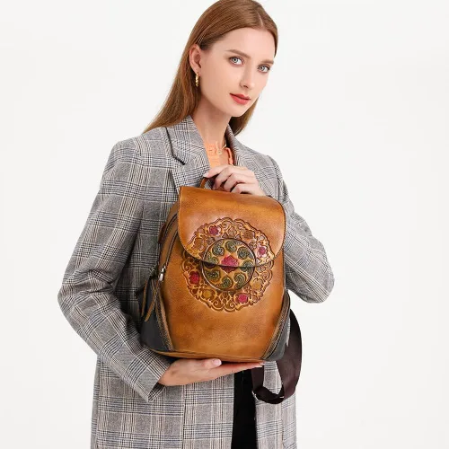 Miniatura 2 de Mochila de cuero para mujer, organizador retro de bronceado vegetal, bolso de cuero vintage en relieve tótem, naranja marrón, Bolso de hombro tótem