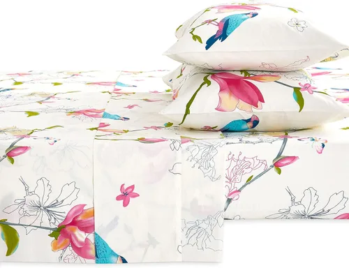 Miniatura 2 de Wake In Cloud - Sábanas florales, 100% algodón, juego de sábanas de 4 piezas, ropa de cama estética botánica bohemia con estampado de pájaros, Rosa