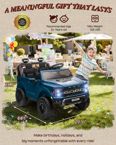 Miniatura 8 de First Ride On Ford F-150 Raptor con Licencia - Auto de Paseo de 2 Asientos para Niños, Juguetes de Paseo de 24 Voltios para Niños con Control Azul