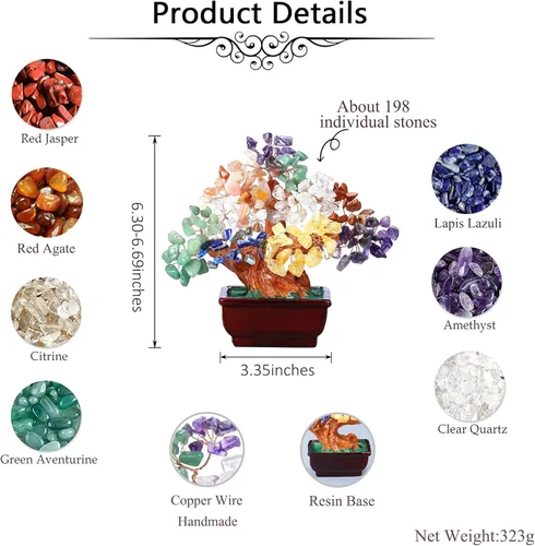 Miniatura 7 de Jovivi Gema natural de cristal de 7 chakras para árbol de dinero, base de resina estilo bonsái, decoración de Feng Shui para árboles artificiales