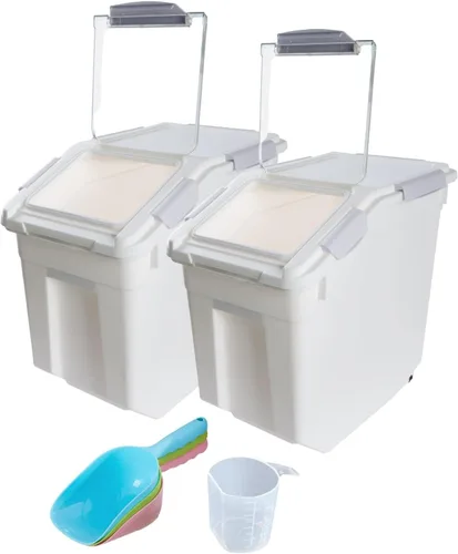 Miniatura 8 de Saim Recipiente de arroz de 25 libras, recipiente grande hermético de almacenamiento de harina con ruedas, taza medidora, paquete de 2 unidades por