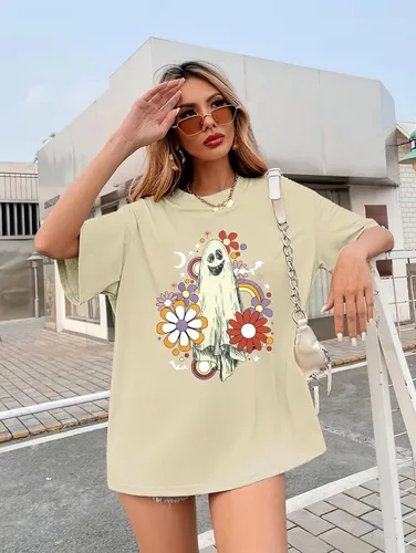Miniatura 2 de Camiseta de Halloween para mujer, diseño de calabaza King, camiseta de personajes de cara para fiesta de Halloween
