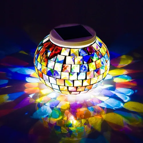 WSgift - Bola de luz de colores a energía solar con mosaico de vidrio LED para jardín, lámparas de mesa recargables impermeables para exterior,