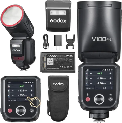 Godox V100S Flash V100-S versión de EE. UU. Flash de pantalla táctil de cabeza redonda, sincronización de flash de obturador global de 100 Ws